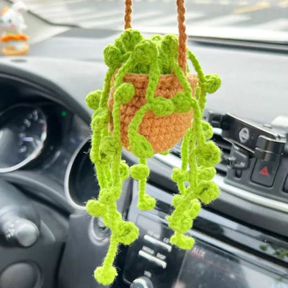 Green and white knitting wool car plant decoration with 8cm base and 25cm hanging rope