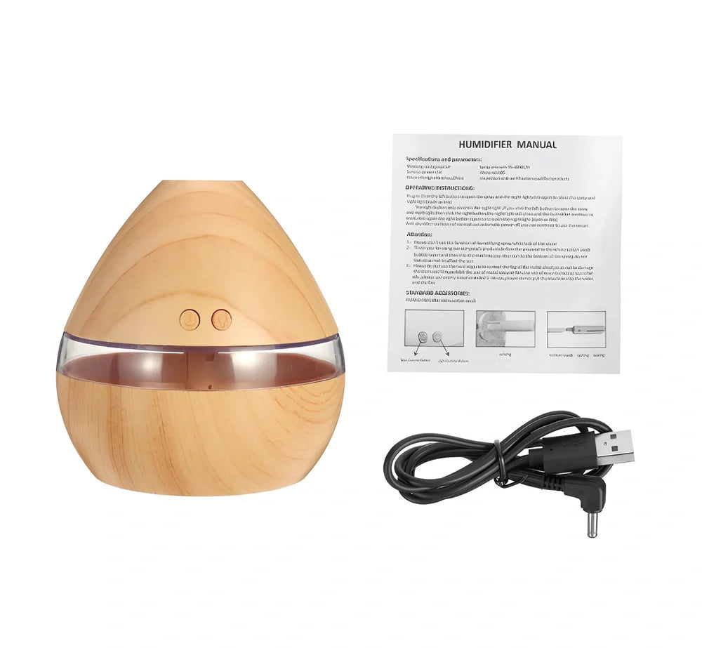 USB LED aroma humidifier with wood grain finish, 300ml capacity, measuring 114mm × 110mm