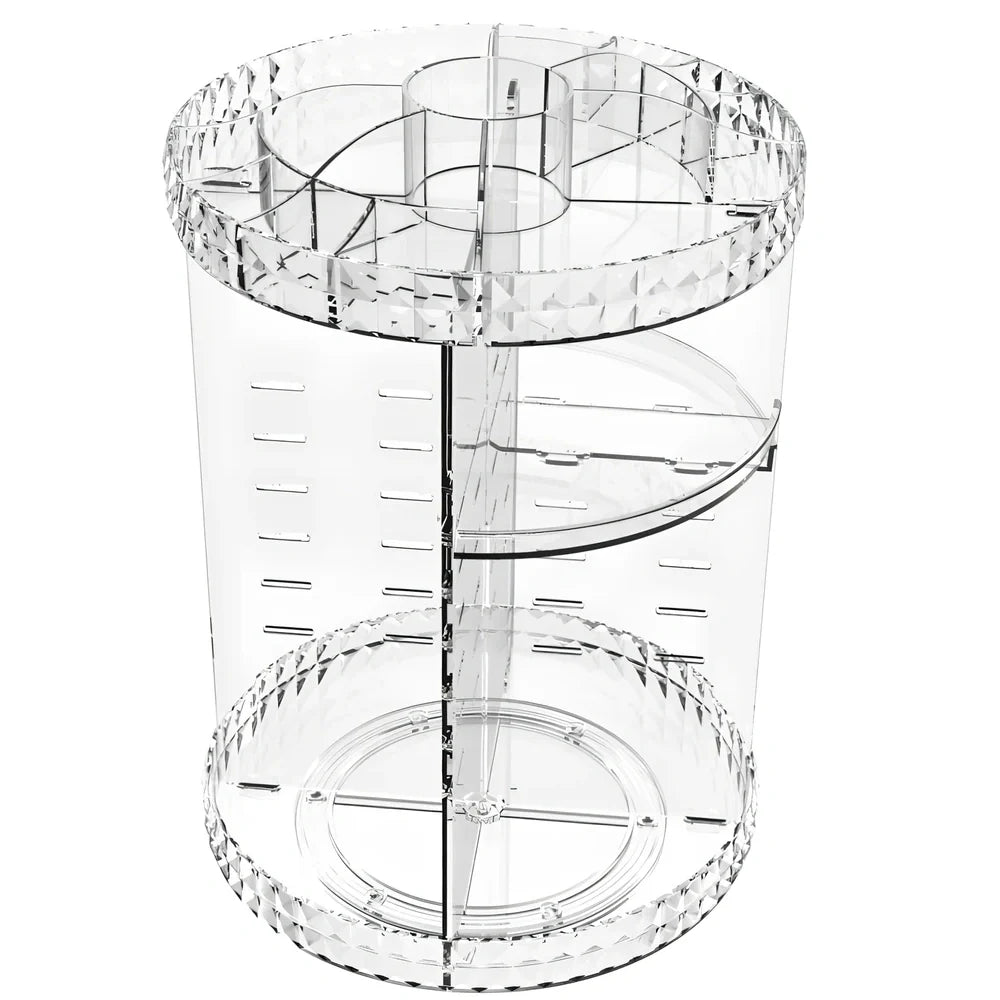 Transparent rotating cosmetics storage rack with skincare bottles organised on 360-degree rotating mechanism