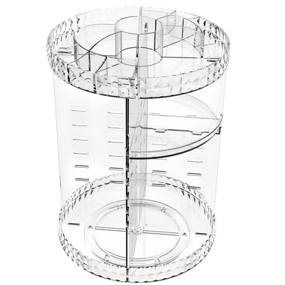 Transparent rotating cosmetics storage rack with skincare bottles organised on 360-degree rotating mechanism