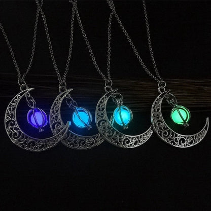 Luminous moon-shaped pendant necklace in various colors, glowing in the dark and emitting a soft, enchanting light