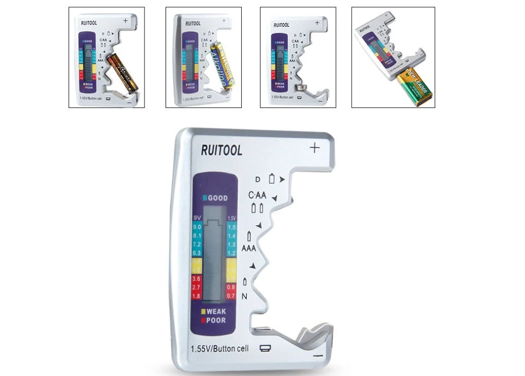 Universal Digital Battery Tester for AA, AAA, 9V, and button cells with LCD display