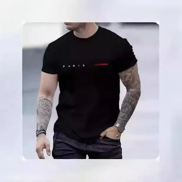 Men's slim-fit 3D printed graphic T-shirt on a hanger showing short sleeves.