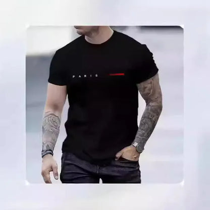 Men's slim-fit 3D printed graphic T-shirt on a hanger showing short sleeves.