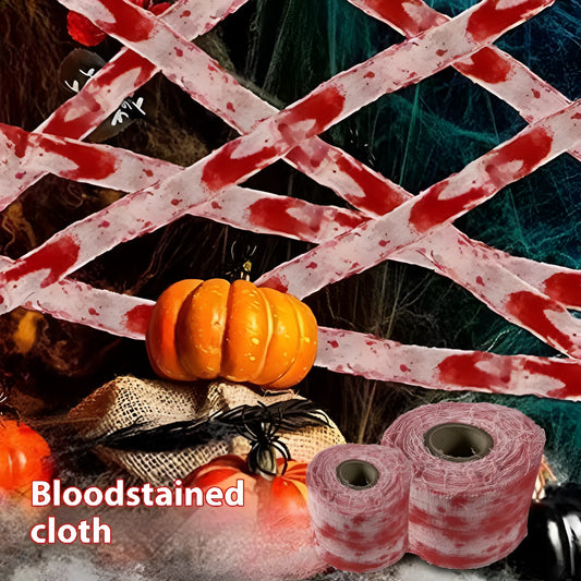 Halloween bloody horror style dyed gauze bandage roll, 8cm wide, showing red dye pattern on polyester fabric.