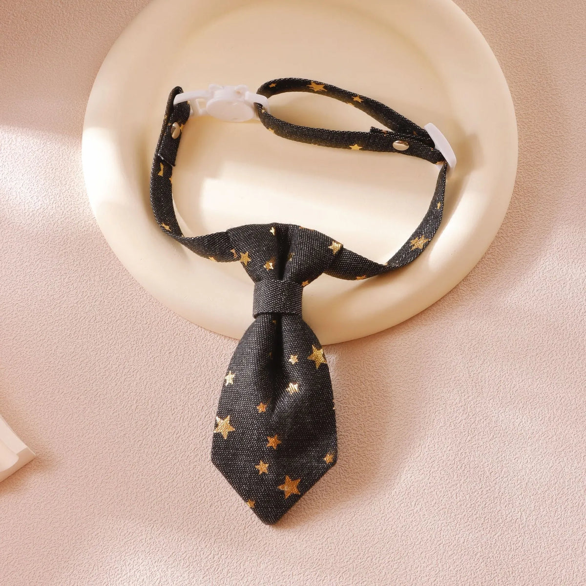 Designer dog collar with long tie and golden star, adjustable S 14-20cm or M 19-32cm, black or blue