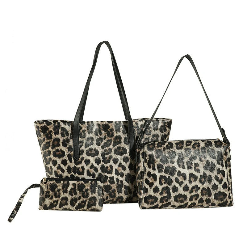 Leopard print tote set with multiple pockets and double shoulder straps