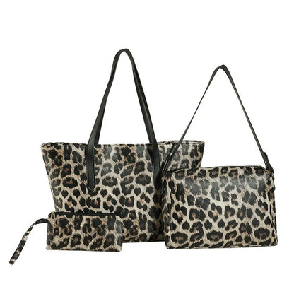 Leopard print tote set with multiple pockets and double shoulder straps