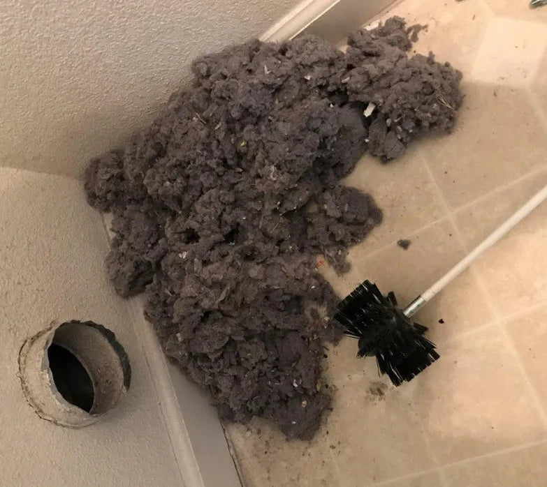 Flexible nylon brush for cleaning inside dryer pipes and range hood ducts, showing brush head and long pole