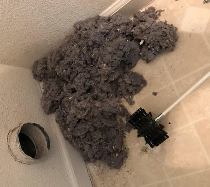 Flexible nylon brush for cleaning inside dryer pipes and range hood ducts, showing brush head and long pole