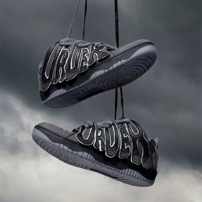 Men's and Women's Retro Sneakers with Thick Sole and Alphabet Design in genuine leather