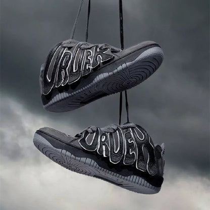 Men's and Women's Retro Sneakers with Thick Sole and Alphabet Design in genuine leather