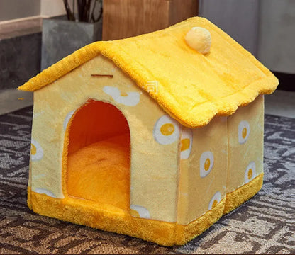 Removable washable plush pet bed house for cats and small dogs, closed yurt shape, available in brown, yellow, grey, blue and pink