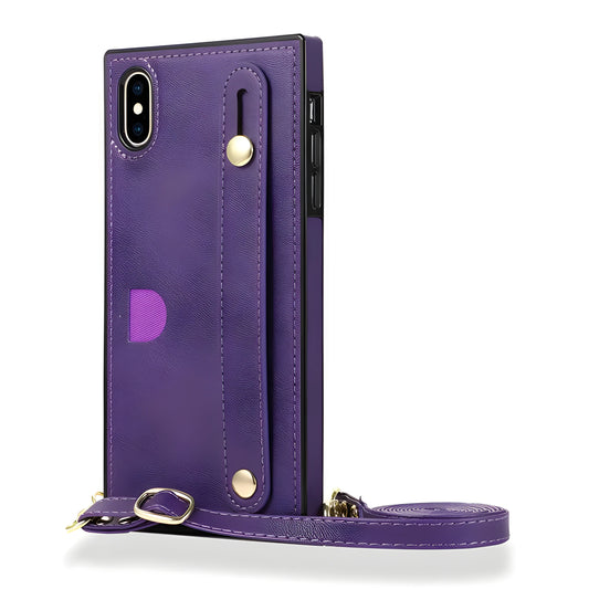 Leather messenger phone case with card holder and wristband in black, red, rose gold, green, or purple for iPhone