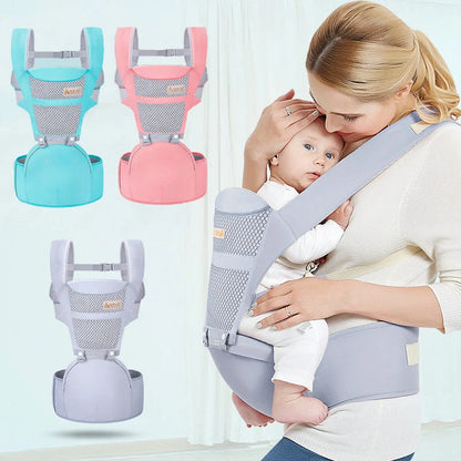 Multifunctional baby carrier waist stool in pink, gray, and blue