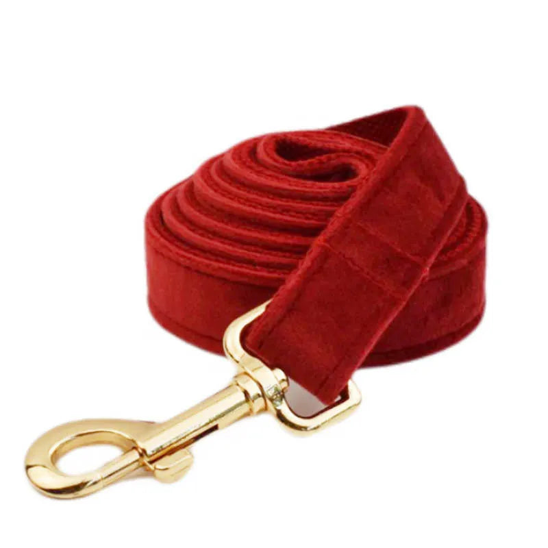 Cloth dog collar set with matching leash, vest, bow tie, and poop bag holder for small to extra large dogs