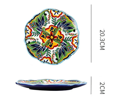 Underglaze ceramic bowl with Bohemian floral pattern in blue mandarin duck design, 8 inch diameter