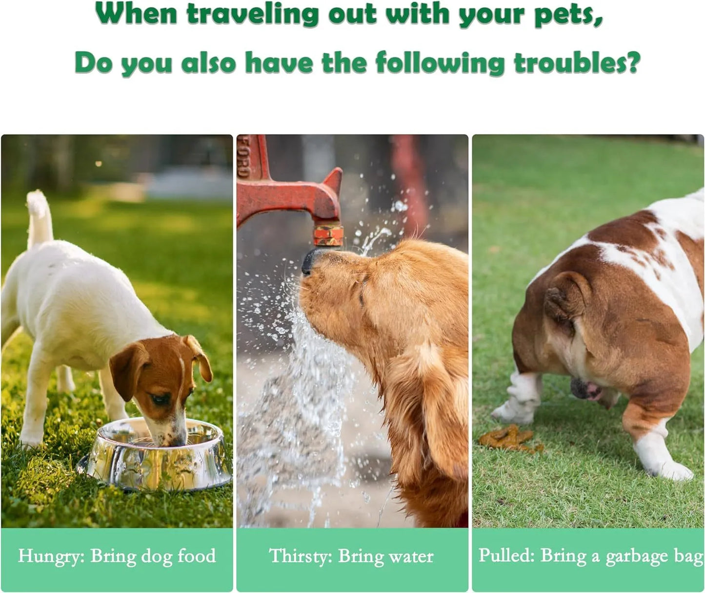 Green 3-in-1 pet water bottle showing water dispenser, food container, and waste bag compartment