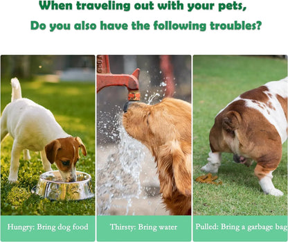 Green 3-in-1 pet water bottle showing water dispenser, food container, and waste bag compartment