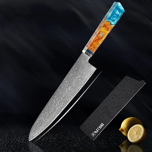 Six-piece Damascus steel kitchen knife set showing distinctive wave patterns on blades and pakkawood handles