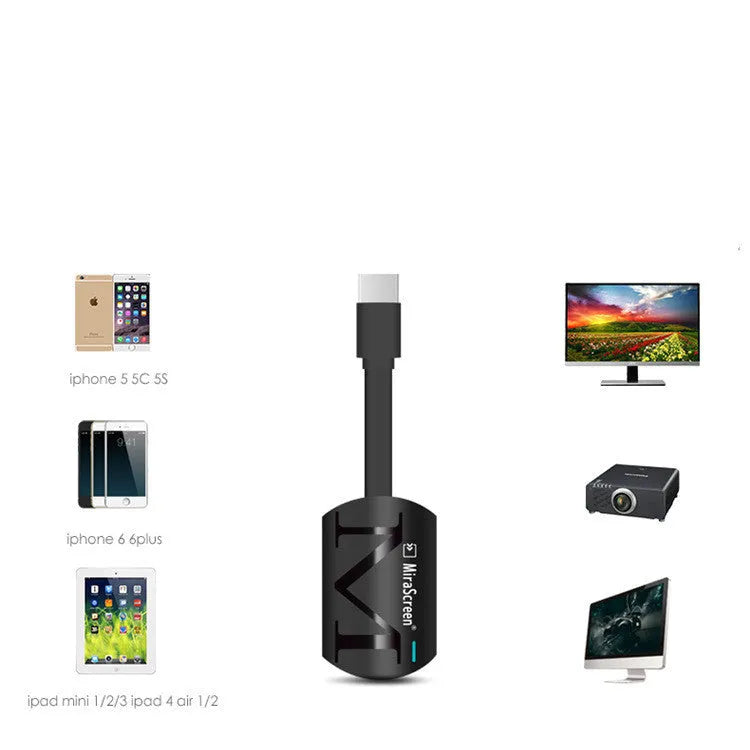 Black USB HD TV screen mirroring dongle with HDMI connector for 1080p smartphone streaming.