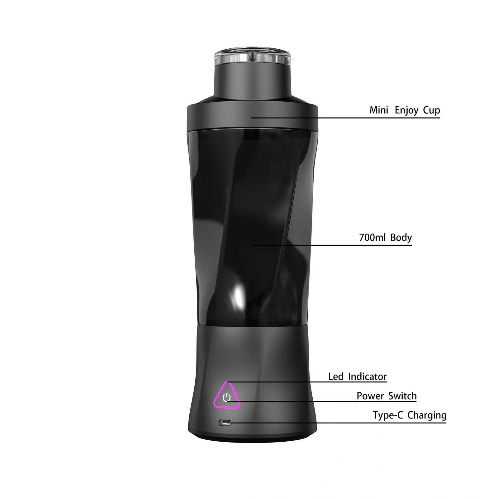 Black portable electric juicer cup with stainless steel 601-800ml liner and 201-500W motor for blending