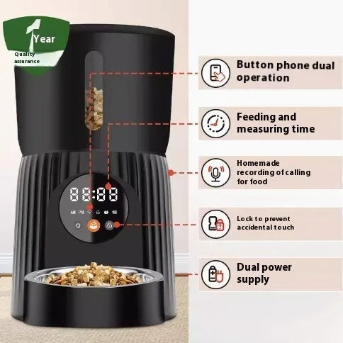 Black intelligent pet feeder with transparent food container showing kibble, digital display, and USB power cable
