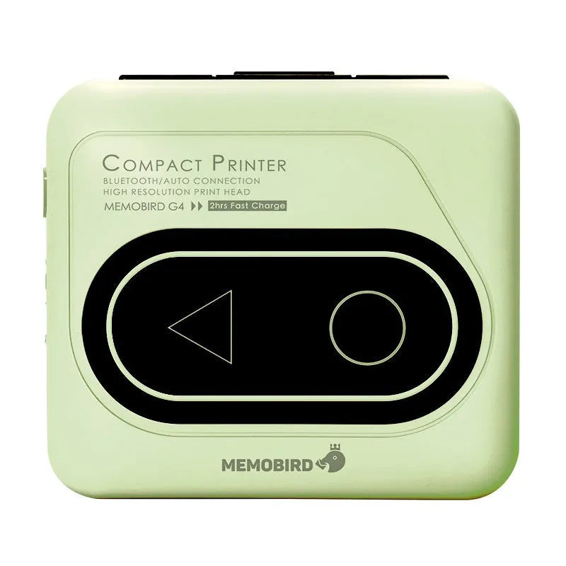 Compact Avocado Green mini Bluetooth thermal printer with mobile phone, thermal paper roll, and charging cable.