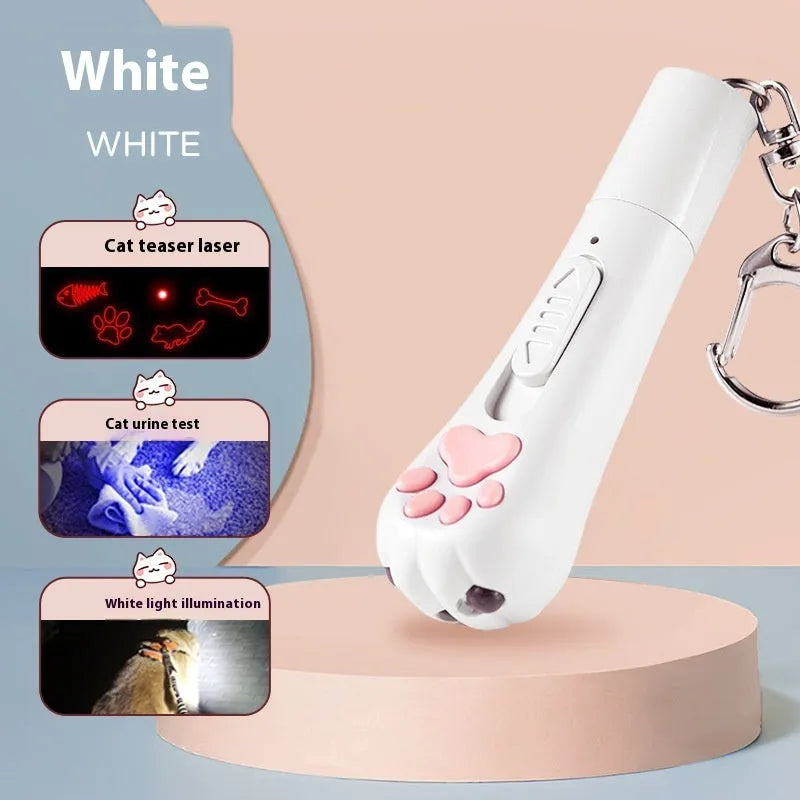 Cat teaser pen light toy with 15cm plastic wand and USB charging cable in cream white colour