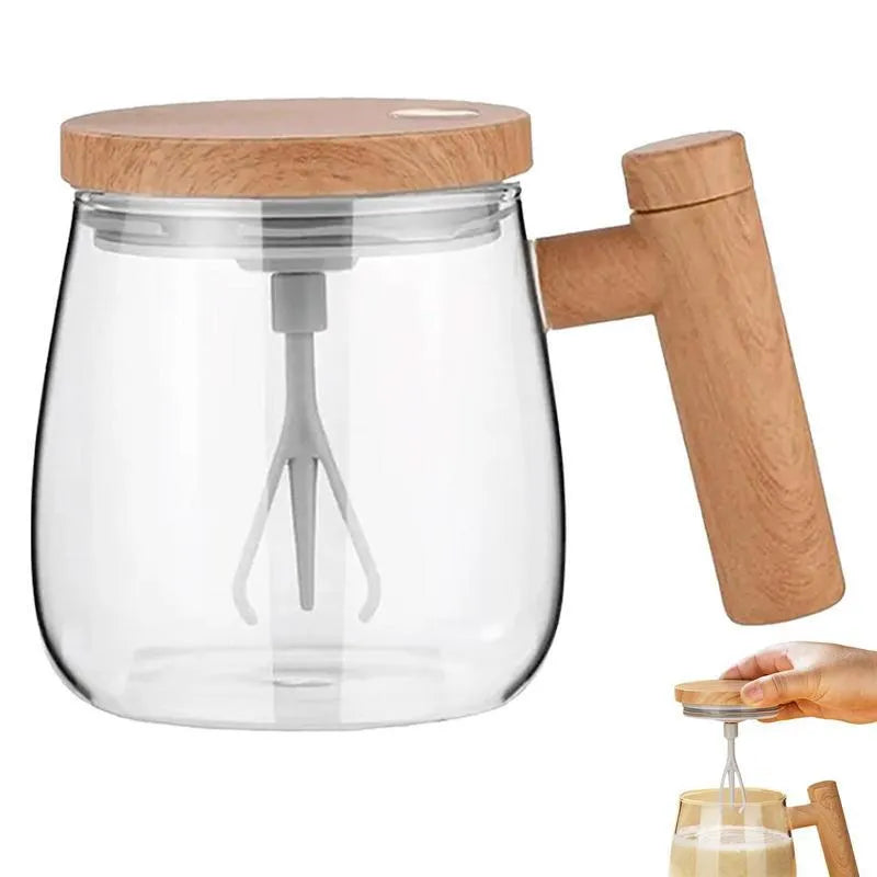 Self-stirring coffee mug with 400ml borosilicate glass capacity for automatic mixing of coffee, tea, protein drinks and soups using an electric motor for gyms, kitchens and home use with clear, champagne gold or rainbow blue colour options