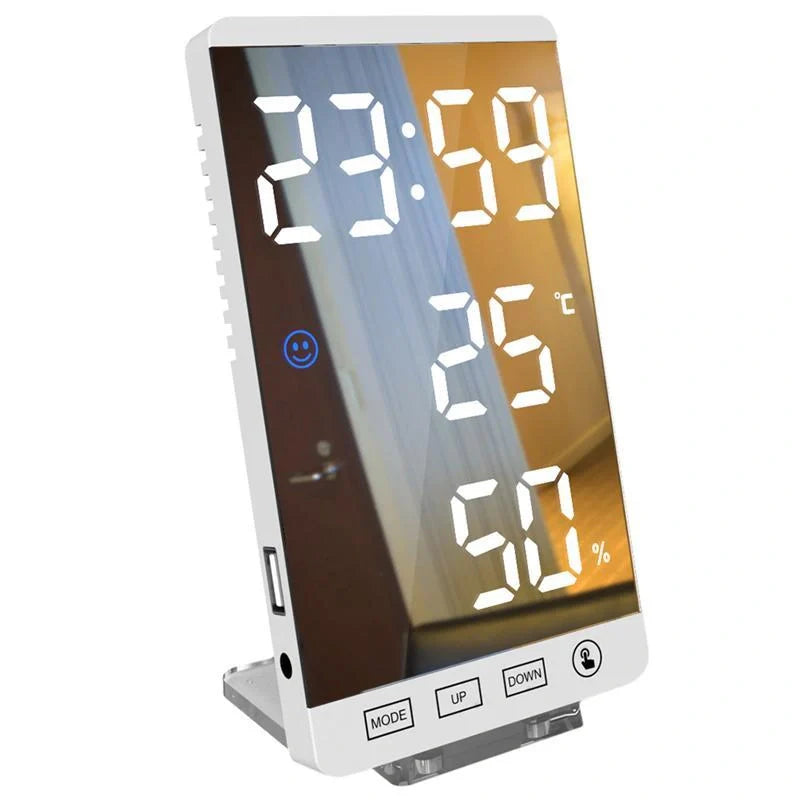 Multifunctional LED mirror alarm clock displaying time, temperature, and humidity