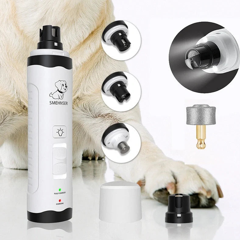 Electric dog nail trimmer device with LED display showing speed settings and dust collection system