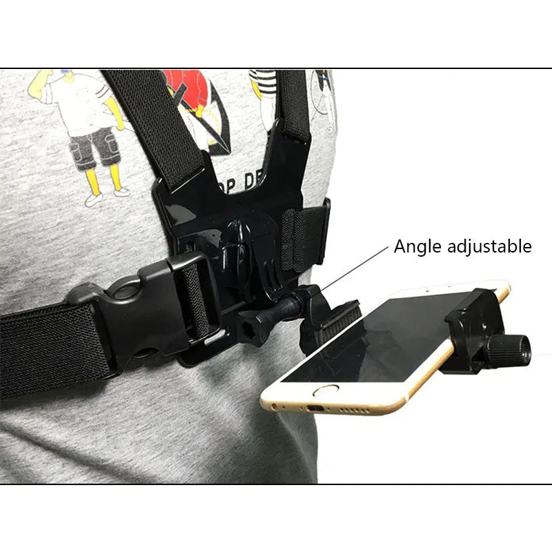 Black mobile phone chest mount harness with adjustable nylon straps and ABS phone clip for 4-5.5 inch smartphones