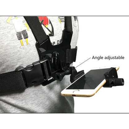 Black mobile phone chest mount harness with adjustable nylon straps and ABS phone clip for 4-5.5 inch smartphones