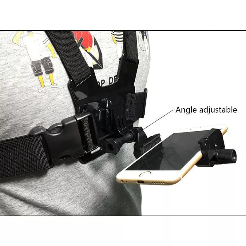 Adjustable chest mount harness for smartphones and action cameras in black