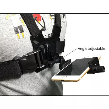 Adjustable chest mount harness for smartphones and action cameras in black
