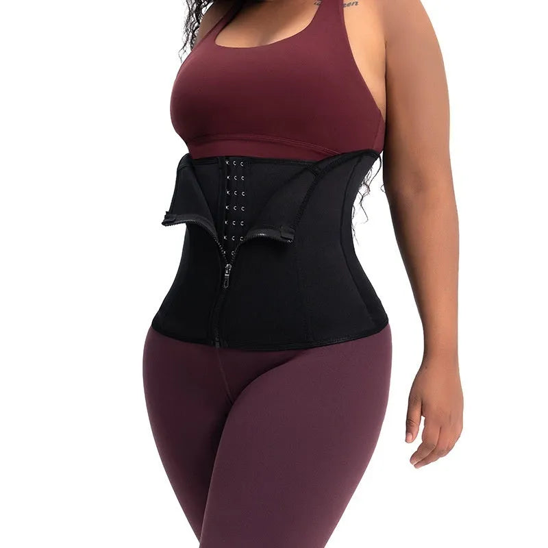 Neoprene belly band body shaping corset in black, shown wrapped for abdominal support during exercise