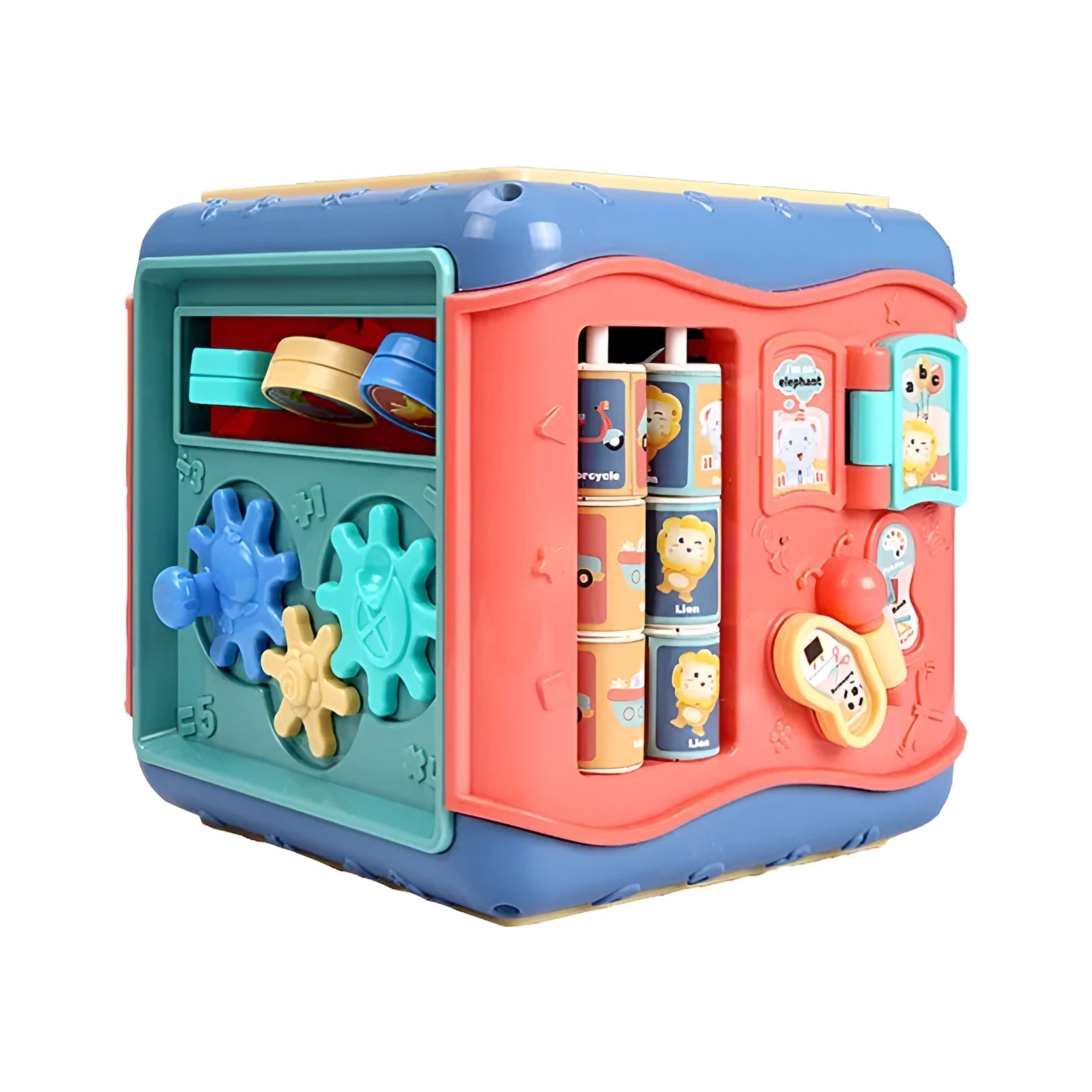 Colourful baby educational hexahedron toy cube with bead maze, gears, car track, clock, butterfly, and number tray.