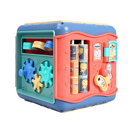 Colourful baby educational hexahedron toy cube with bead maze, gears, car track, clock, butterfly, and number tray.