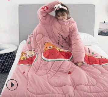 Cozy fleece blanket with sleeves in various colors, perfect for relaxing and enjoying indoor activities