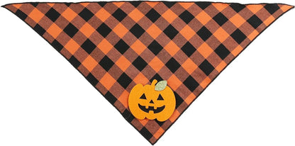 Orange plaid Halloween dog bandana with white skeleton and pumpkin felt appliques