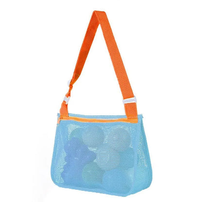 Blue children's travel storage organiser bag with nylon mesh construction and shoulder strap