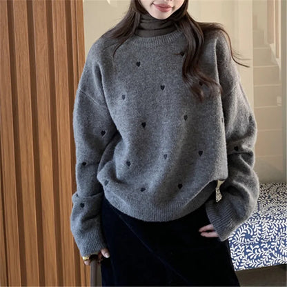 Women's loose fit acrylic pullover sweater with embroidered love pattern in milky white, grey, or pink