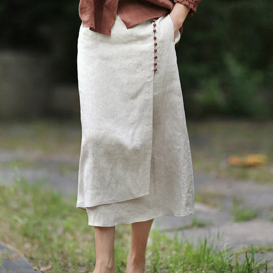 Artistic linen skirt with unique stitching in hemp color, perfect for retro and literary style outfits.