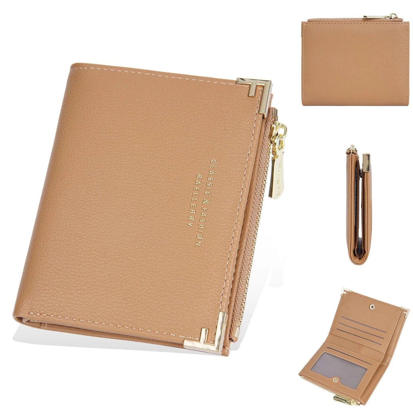 Slim pink PU leather women's wallet with card slots and a zipper coin compartment.