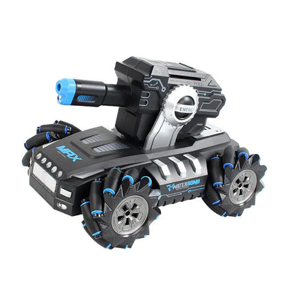 Black and yellow remote control armoured assault vehicle on rocky terrain with dimensions 26.5cm long