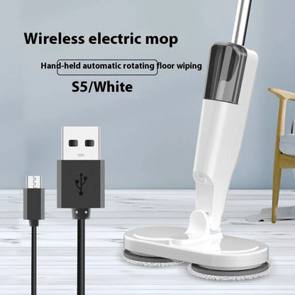 White and green cordless floor cleaning machine with sweeping brushes and water tank.