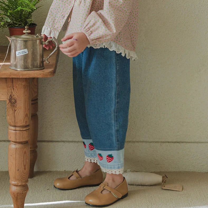 Children's jeans with strawberry embroidery and lace patchwork on denim, mid waist with hairband belt