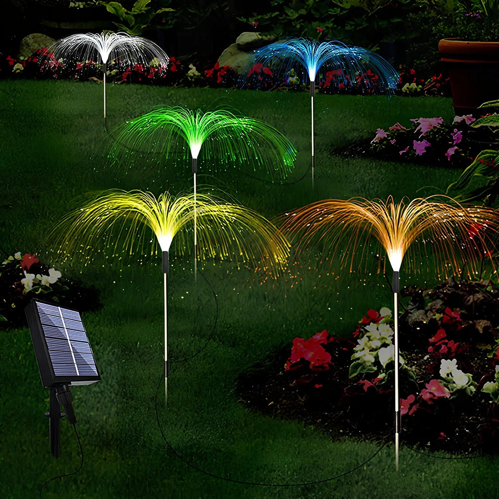 Solar fiber LED jellyfish ground light with optical fiber shell and remote control for garden decoration