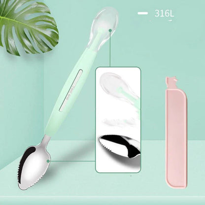 Stainless steel fruit spoon with sawtooth edge and dual-headed design for easily scooping grapefruit and desserts